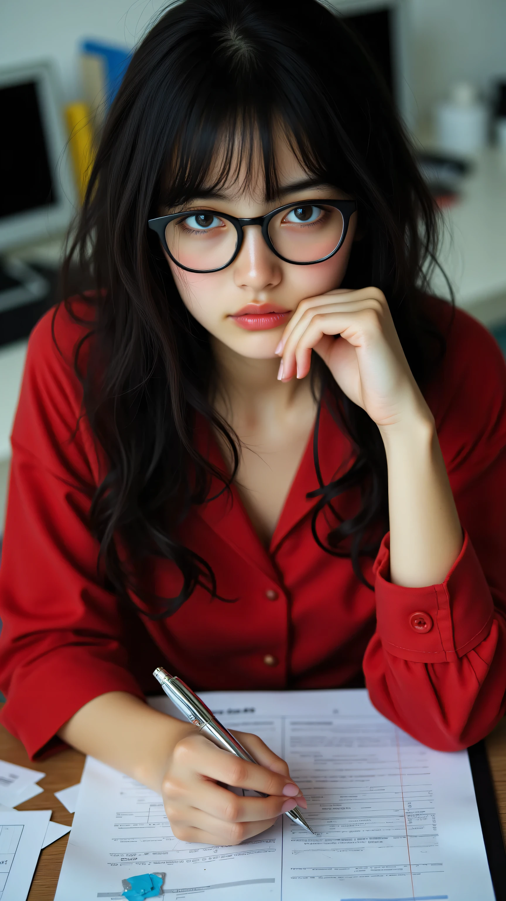 8k, Masterpiece, Top Quality, High-angle, woman, dark hair, glasses, red top, low-cut, pen, clipboard, papers, thoughtful expression, serious, desk, printer, folders, documents, laptop, office, workplace.