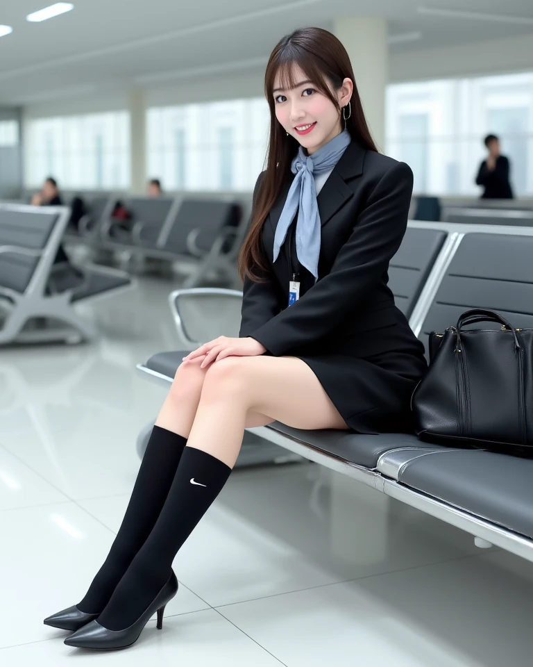 (masterpiece:1.2),(8K high resolution), (highest quality), (RAW image quality), (realistic), (realistic:1.37),long eyelashes,(Live-action realistic style),realistic light and shadow,clear facial features,,Fair skin,best portrait, 1-Girl,highly detailed skin,(Beautiful face with double eyelids), (realism: 1.4),((full body image)) ,delicate and beautiful face,,woman around 30 years old,(beautiful face 1.4),straight hair length,,(lipstick,beautiful earrings),((Taken at the airport)),(stewardess uniform,)),(Stewardess in uniform),,(3/4 length),Shoot head-on,,Close-range shooting,((squat in the airport,Show your panties)),,(((Look at the audience and smile),、((Wearing a stewardess uniform)),(smile without opening your mouth),(Squat down),((Crouch in front of the viewer)),squat with legs apart,(Pose with hands on cheeks),Crouching in front of the viewer,You can see the white panties