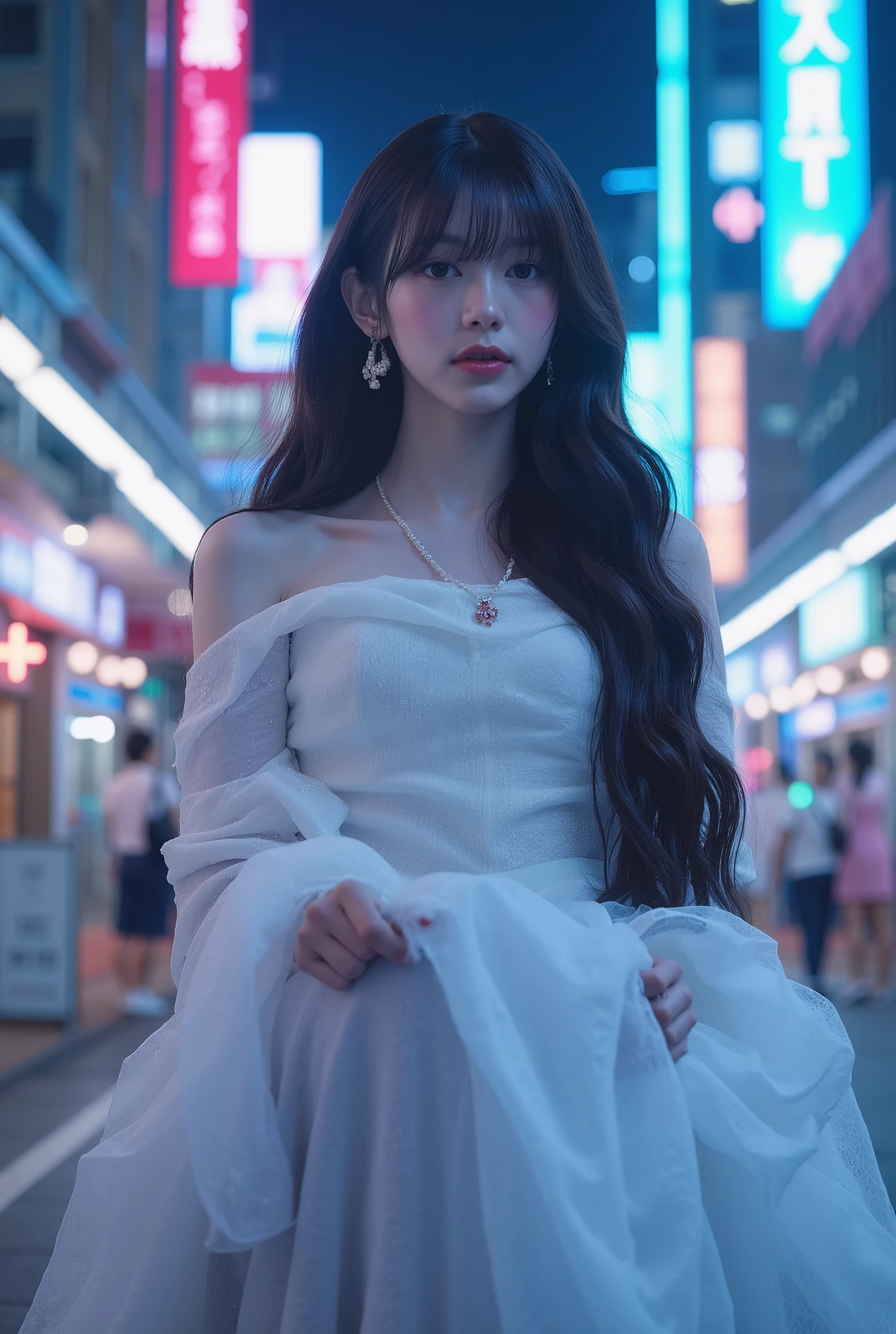 editorial photography,super detailed background,Super realistic,double exposure,depth of field,beauty super slender skinny vides,soft_focus tone,narrative scene,full-body_shot,oriental superstarcyberpunk,Nighttime entertainment district illuminated with neon lights, happy, smiling expression on face