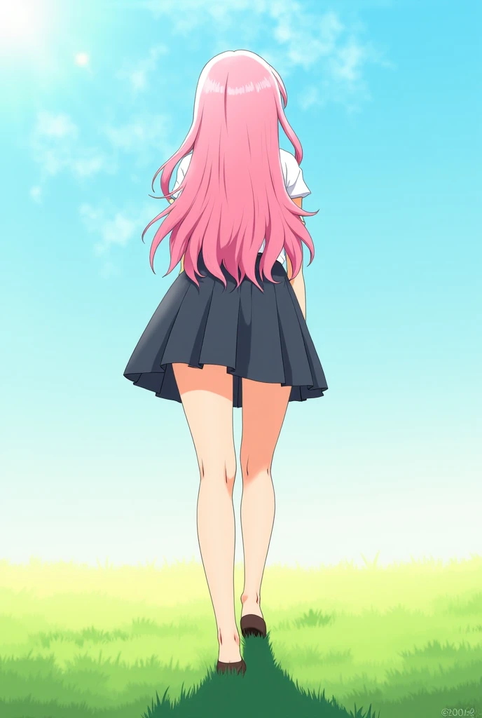 Louise Françoise Lebrun of La Vététière,Pink Hair,Pink Eyes,Long Hair,ponytail,One-shoulder shirt,Short sleeve,mini skirt,Black tights,short boots,Walking,Daytime,Clear skies,　　　　　　　　　　　　　　  　　　　　break looking at viewer, whole body,   　　　　　
break outdoors, In town,
break (masterpiece:1.2), Highest quality, High resolution, unity 8k wallpaper, (shape:0.8), (Beautiful attention to detail:1.6), Highly detailed face, Perfect lighting, Highly detailed CG, (Perfect hands, Perfect Anatomy),