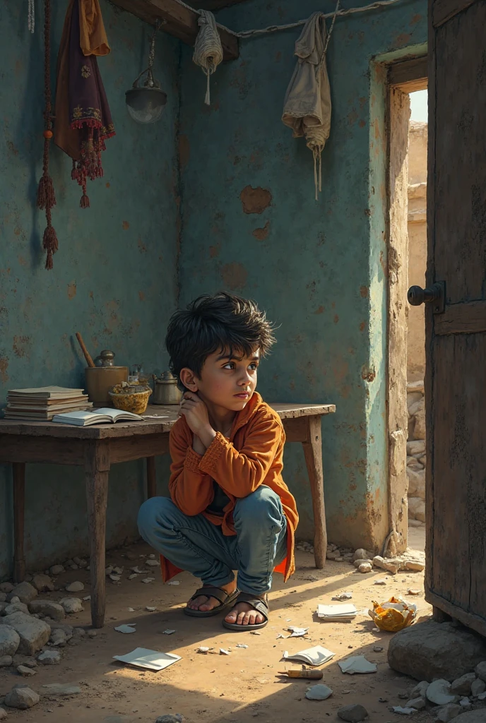 In a mine, A black-haired miner boy sits next to a gate with a realistically written number 12