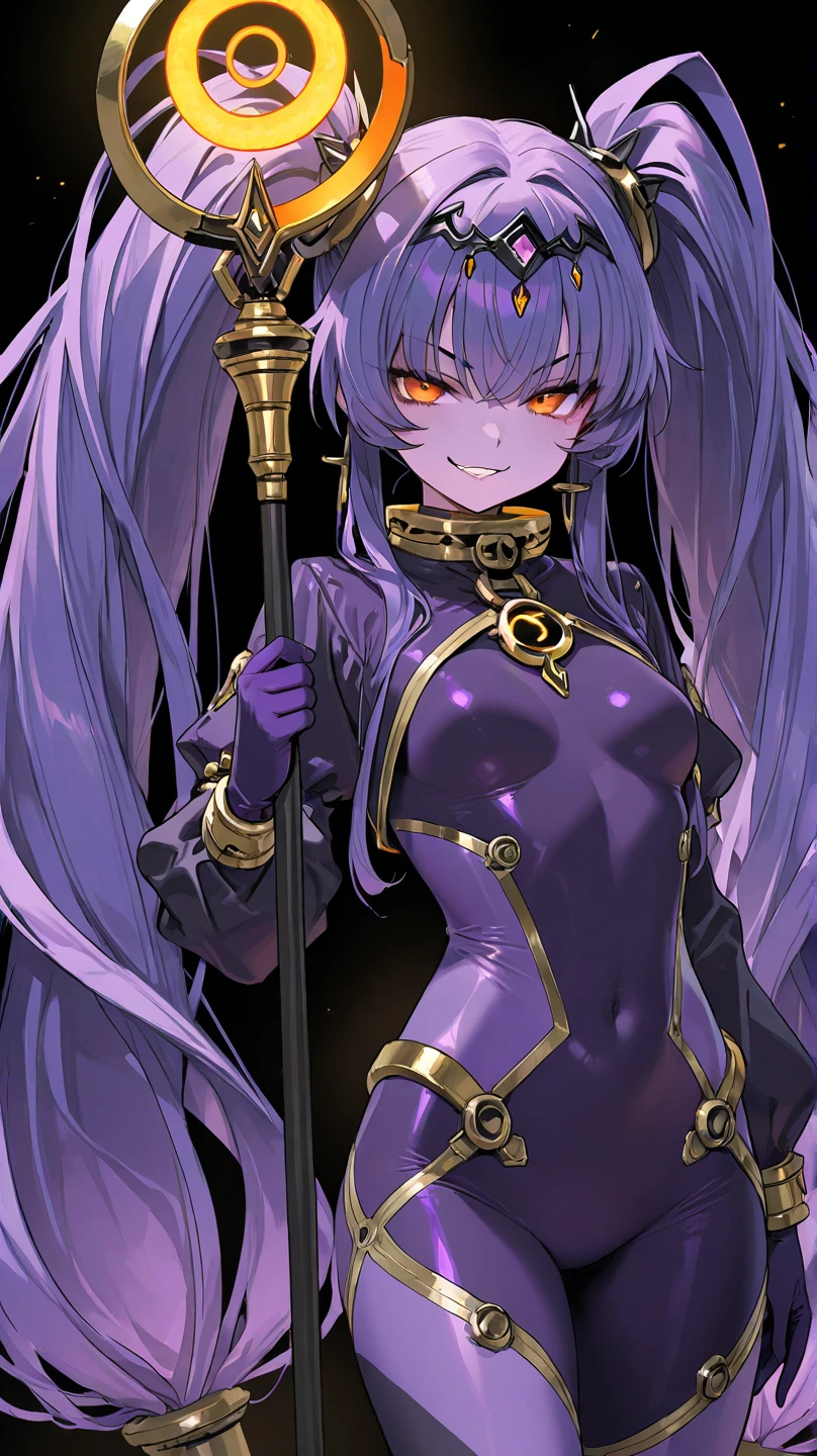 (masterpiece: 1.2, best quality), (1 loli, solo), small breasts, (Dynamic posture), (shiny skin, dark purple skin), demon girl, purple skin thin and lacy gloves, ( small demonic horns:1.1), (Lilith \(Darkstalkers\)), (heaven), fringe, (jewelry, golden ornament:1.15 ), large pelvis, blue (pantyhose:1.1)