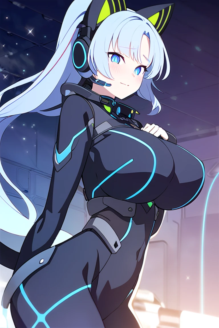 young woman, 21 years old, Science fiction, very curvy hips, big breasts, high tech suit, long blue hair, carefree smile,