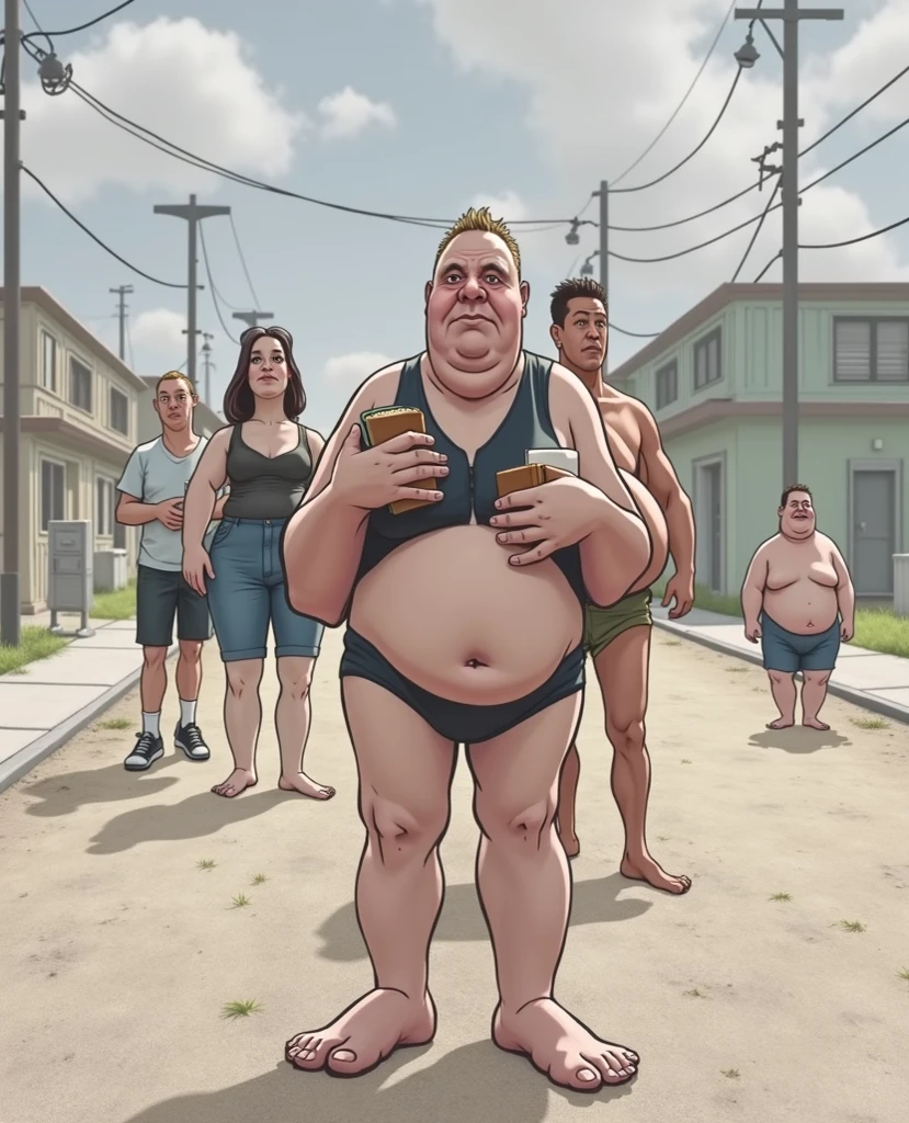 Draw a photorealistic bum with vodka in his hand chasing small children and beating them