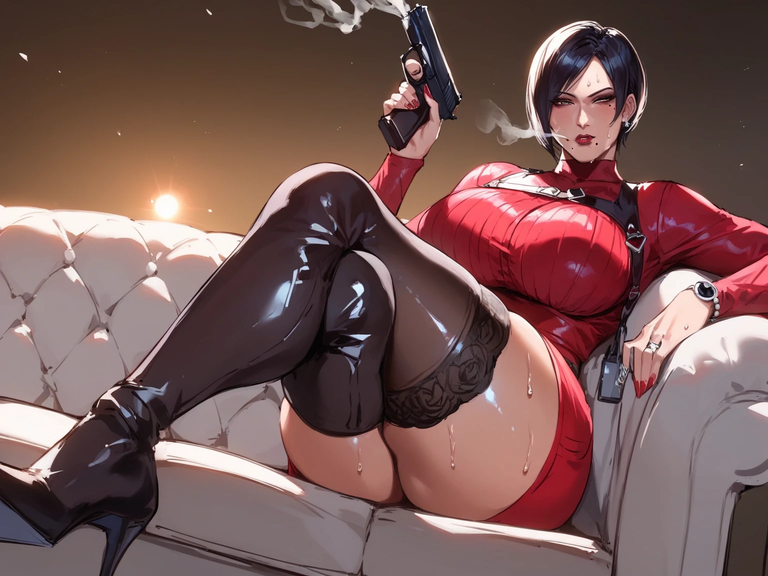 (masterpiece, 8K Anime, High resolution, Anime Gloss, retro art style, Clean brush strokes, very detailed, perfect anatomy, ), (yuffie kisaragi, alone), (haircut, pixie cut), (huge brea), (Fishnet tights Thighhighs, Fishnet tights, forehead protector, head band, belly button, Thighs), (huge breasts:1.3, smples, detailed, smala, detailed), (pussy jui), (is visible:1.6, Precise and),sexy siri, sexy pose, thick ass, bent doking bed, our knees, Place ohand on the bed, put one hand on your waist, NSFW,