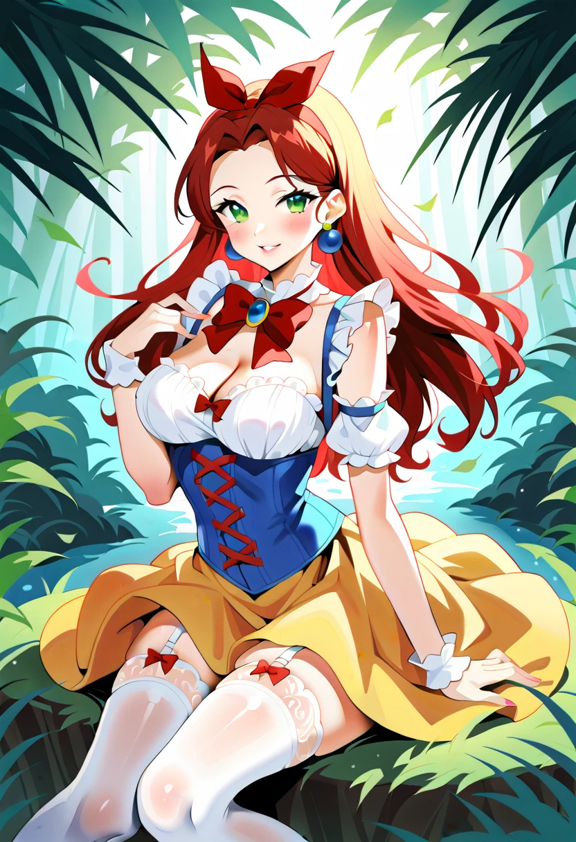 the overall theme and style should feel like. a hybrid of fairytale and Science Fiction. extremely beautiful model, 20 years old female, long bright fire red hair, hair that has a mettalic glimmer and sheen. realistic, perky breasts, cleavage,, oppulent form fitting hooped skirt, red corset, large tiara all dovered in ornate detailed lace and filligree. Wide Smile, Eyes Detailed & Wide, Dynamic Pose. Ultra HD, Rococo-Inspired Fantasy Art With Intricate Details. Cute, Charming Expression, Alluring-Gaze, looking at viewer Beautiful Eyes, An-Ideal-Figure. Large Youthful Well-Shaped-Breasts, Attractive ass showcased. Massive-Round-Bosom, Décolletage. slim waist, fit body, full lipsWarm lights , woman in a dreamy forest at night, with fluffy hair, delicate face, realistic, real, slim, large aperture, sexy shots, attractive poses,Stunnin gly beautiful merge of Scarlett Johanson. Alison Brie, Selena Gomez. symmetrical face, photorealistic, photography, path tracing, specular lighting, volumetric face light, path traced hairmaximum quality{(masutepiece) (8K High Resolution) (top-quality)