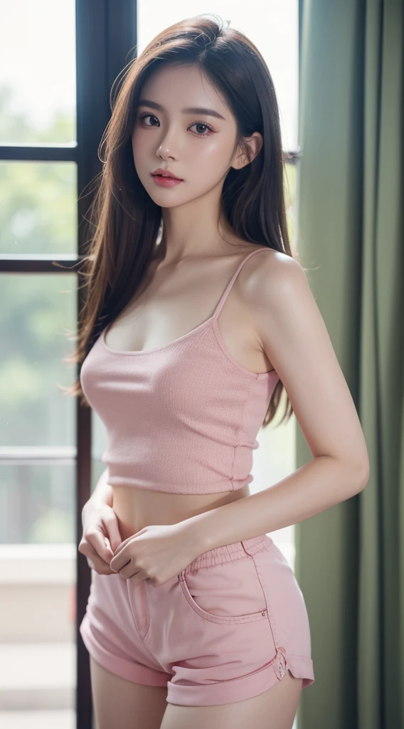 close-up of beautiful South Korean, An Yujin is a IVE South Korean pop girl group, age 20 years old girl, youthful face, perfect body, white body skin, very long hair, black hair, straight hair, 36 inches breasts size, wearing a plain hot pink short-sleeved tank top, wearing a tight plain dark blue pant shorts, Yujin's clothes were cut off by my boyfriend using scissors from the t-shirt to the tank top to make Yujin sigh and tease, strand by strand Yujin's clothes fell because they had been cut, the rest of Yujin's clothes were scattered at the bottom because they had been cut, Yujin's clothes showed off her breasts because they were cut off by my boyfriend so that they looked more sexy and seductive, sexy looking pose, pose a naughty look, pose looks seductive, at the boyfriend bedroom, boyfriend bedroom background, UHD