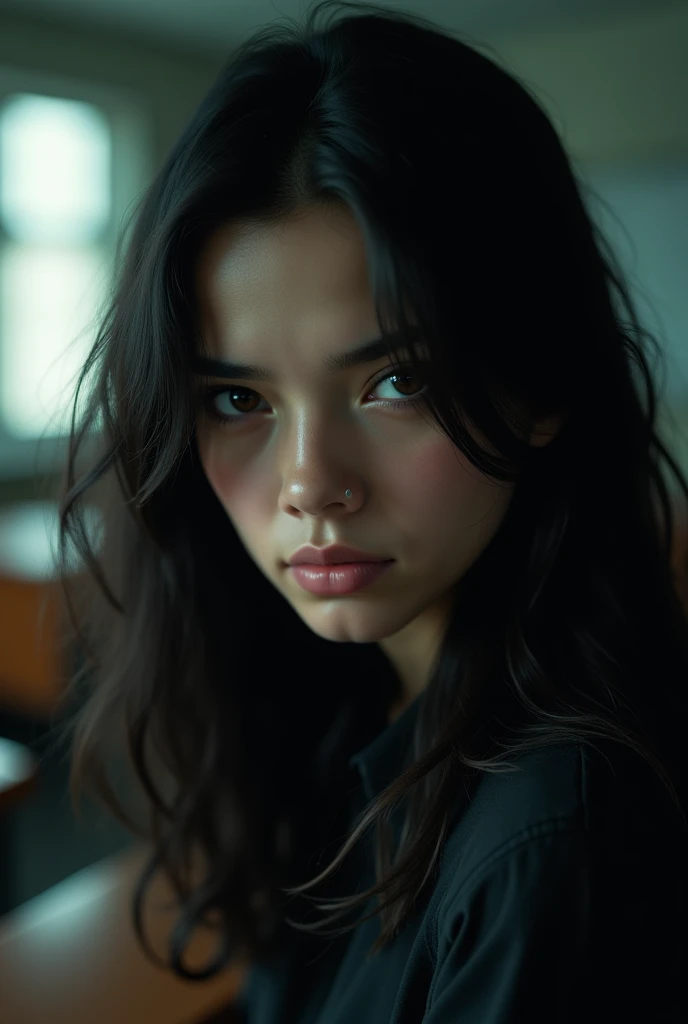 a beautiful 16 year old ,sexy, deep nekline, detailed face, beautiful eyes, long lashes, detailed hair, , sitting in a classroom, warm lighting, photorealistic, detailed background, high resolution, octane render, cinematic, dramatic lighting, vibrant colors