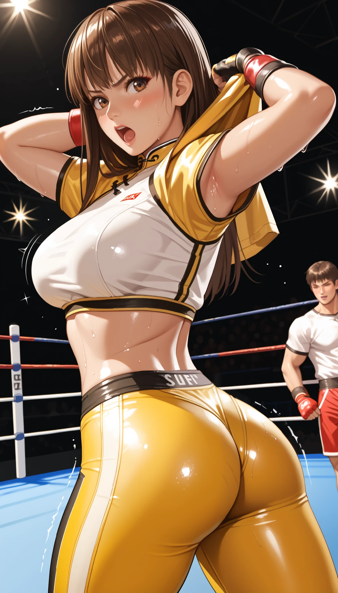 LeiFangDOA, brown hair, (long brown straight hair:1.5), shiny crop top, (shiny yellow leggings, undressing), short sleeves, fingerless gloves, breasts, looking back, armpits, gasp, be breathless, sweat, sparkling sweat, trembling, brown eyes, breasts, [[angry]], blush, {anguish}, {{shameful}}, wrestling ring, from behind, man grabbing her upper bottom, nsfw, bare upper bottom:1.7,
