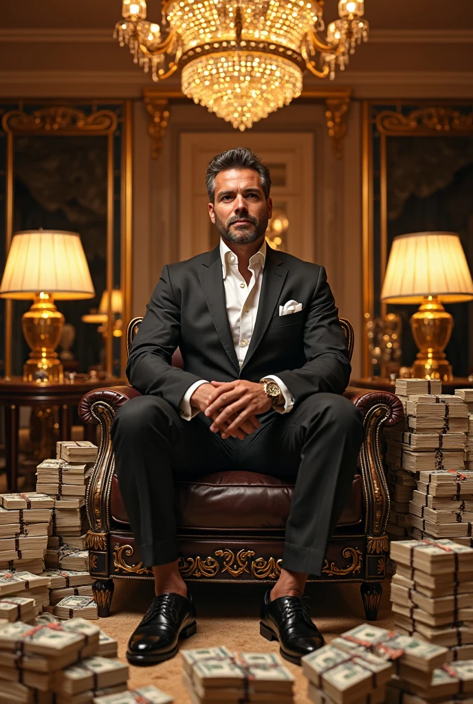 businessman sitting on gold chair with floor full of money, dark black image background, image with many details, ultra realistic, 4K
