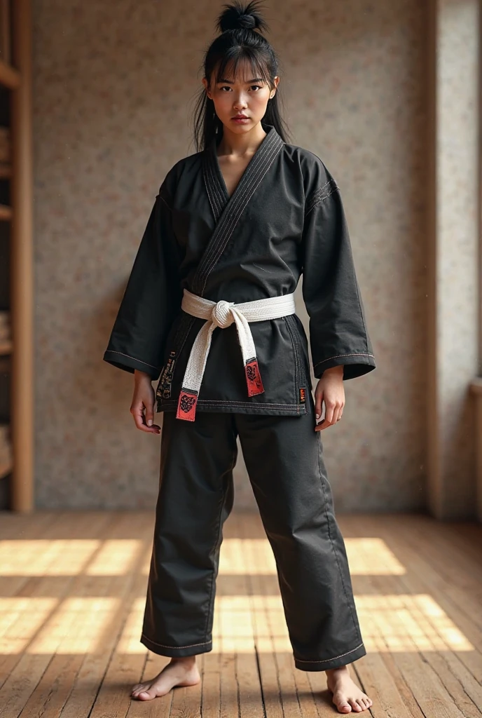 Anime female character light brown skin with short black hair and bangs wearing short white shirt and black tie and stuffed bag black belt with white fleas single black belt with white fleas single black belt with white tips, crear solo hasta la cintura 