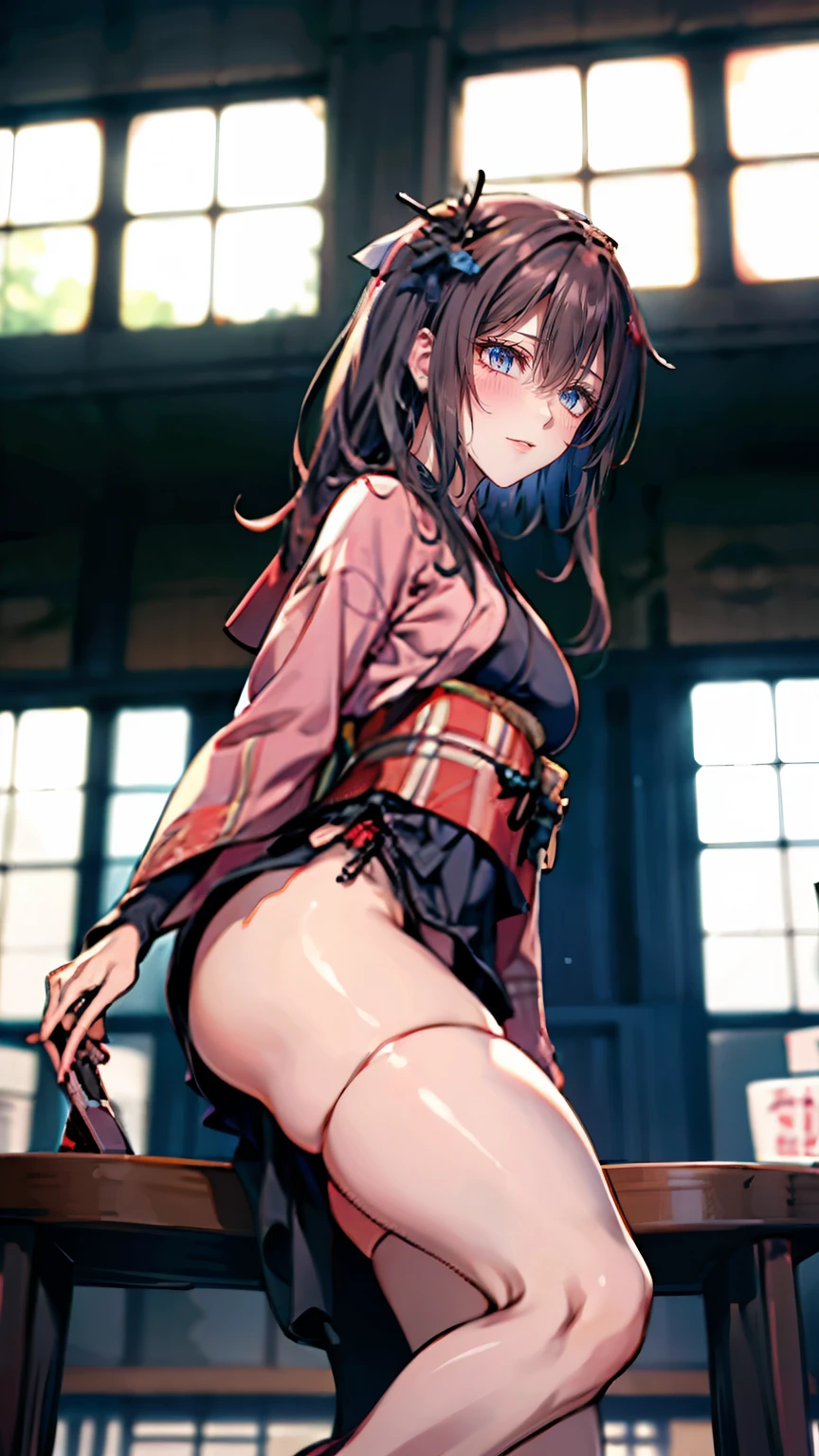 1 female, fierce, young kid, asian, spiked baseball bat, cute, full sleeve geisha tattoo, biker gang aesthetic, hourglass figure, on the dessert, light brown hair, blue pupils, pout, best quality.