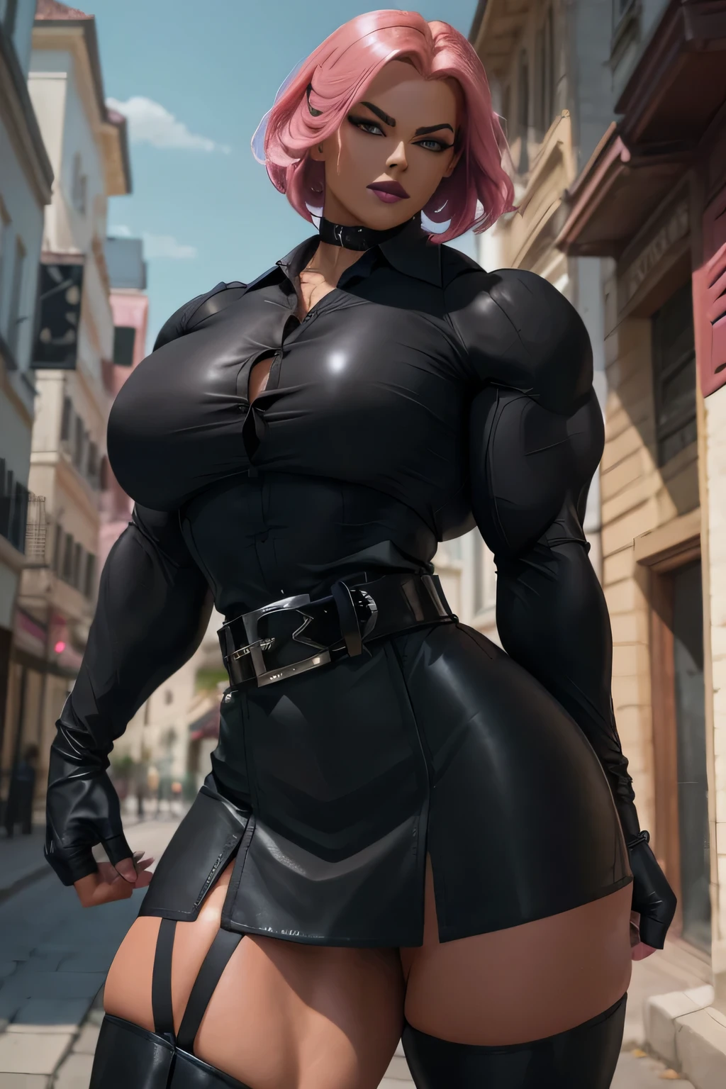 (Close-up), tall, (shocking pink hair), beautiful muscular woman, angled bob hair, black skinned, (smirk), (black lipstick), (massive muscles), (hyper muscle), (ginormous bulky muscles), pink eyes, ((((long sleeve buttoned black shirt)))), ((((black leather formal skirt with belt)))), (morning and sunny world:1.3), (fingerless gloves), choker, thigh high boots, day, (standing on a beautiful street), 