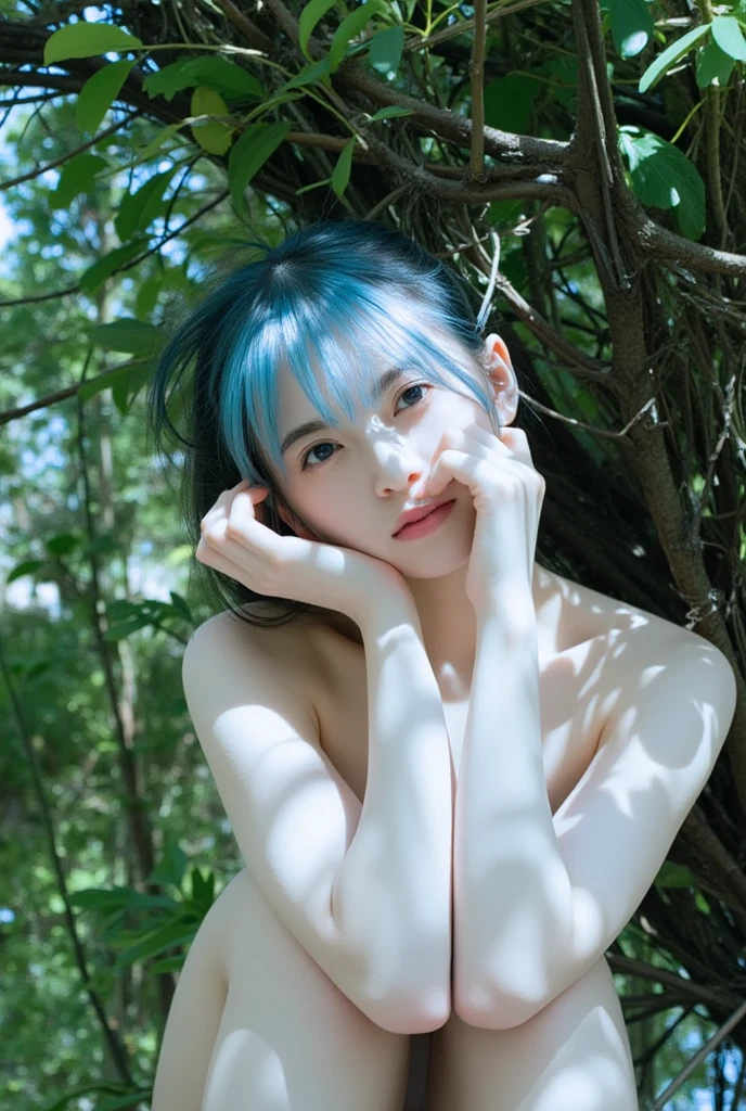 Beautiful Japanese Woman、Blue Hair、In an empty park、naked