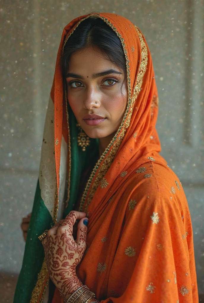 A close up girl wearing hijab , her eyes and lips are tied with red clothe , in the background there is a Bangladeshi flag