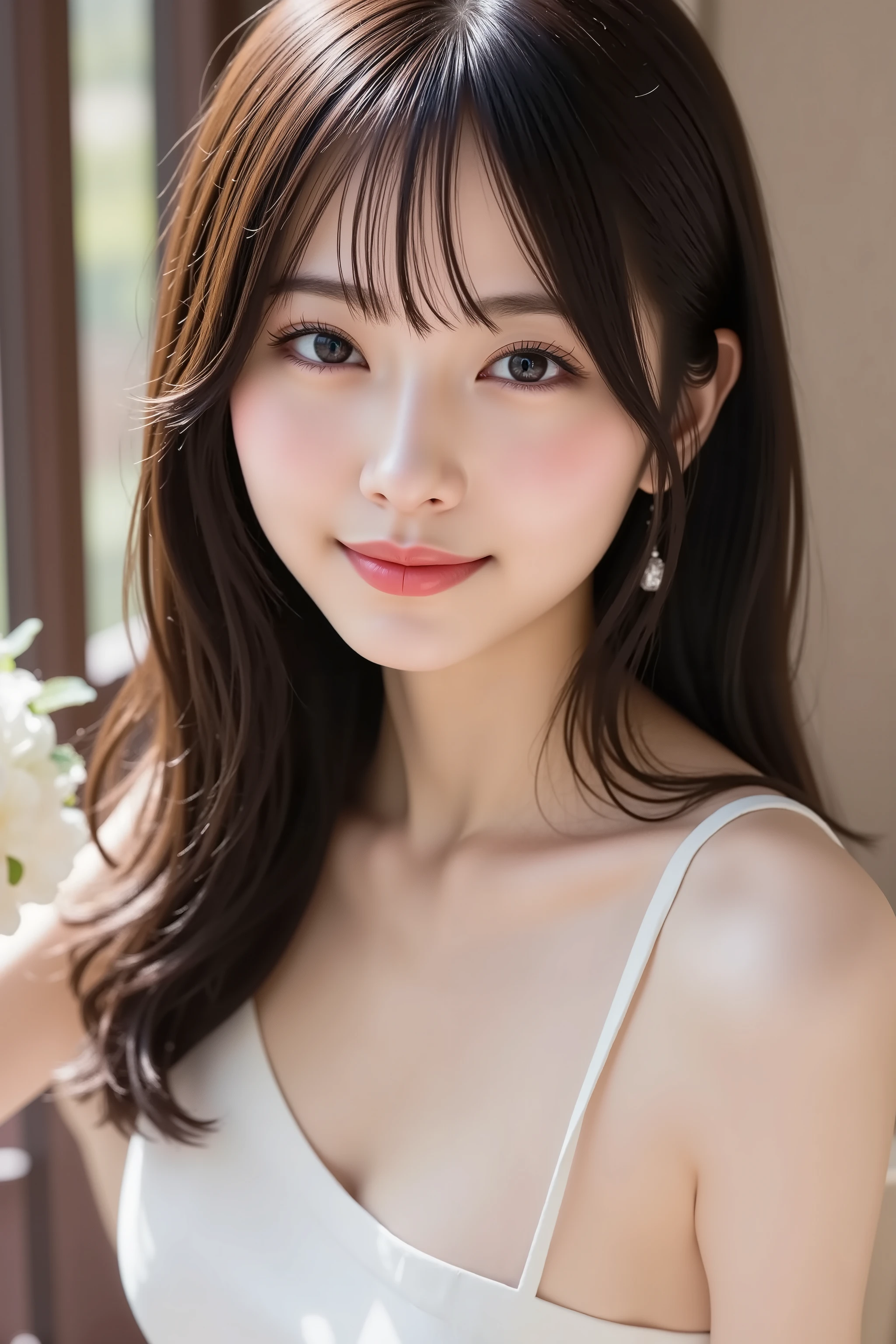 Tabletop, highest quality, shape, Very detailed, In detail, High resolution, 8k wallpaper, Perfect dynamic composition, Beautiful details, White Wedding Dress,Medium Hair, Center of chest,Natural color lip,Random,smile,Chapel,20-year-old girl