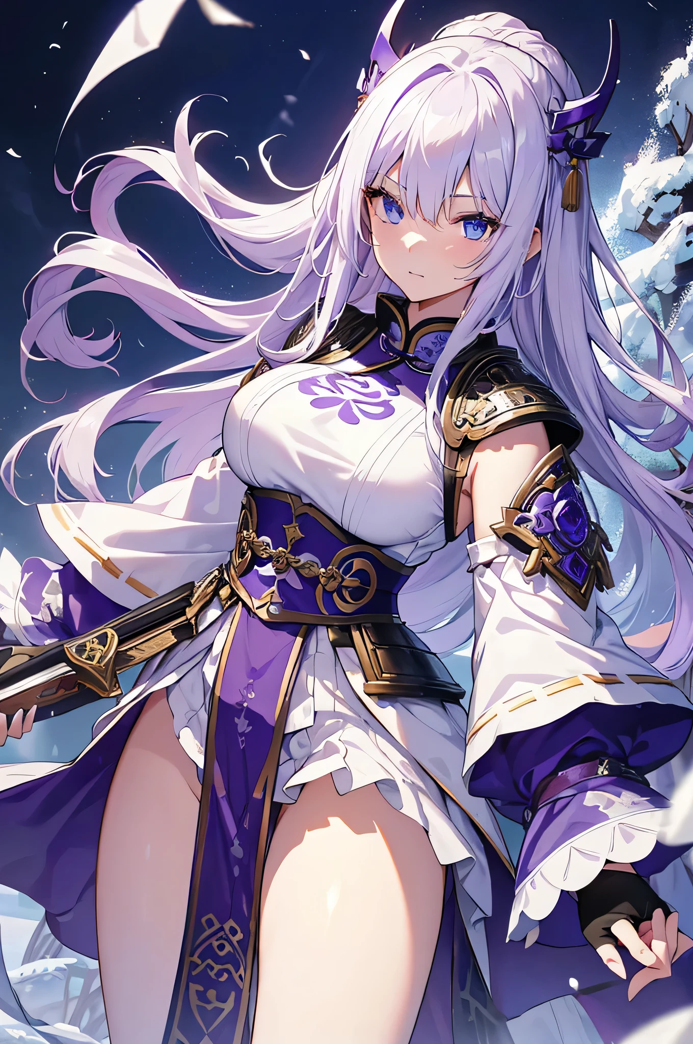 4K,hight resolution,One Woman,White purple hair,Long ponytail,Blue eyes,Colossal tits,Knights,白色のKnightsのドレス,Brown Long Boots,jewel decorations,Japanese Katana Sword,Medieval castle town