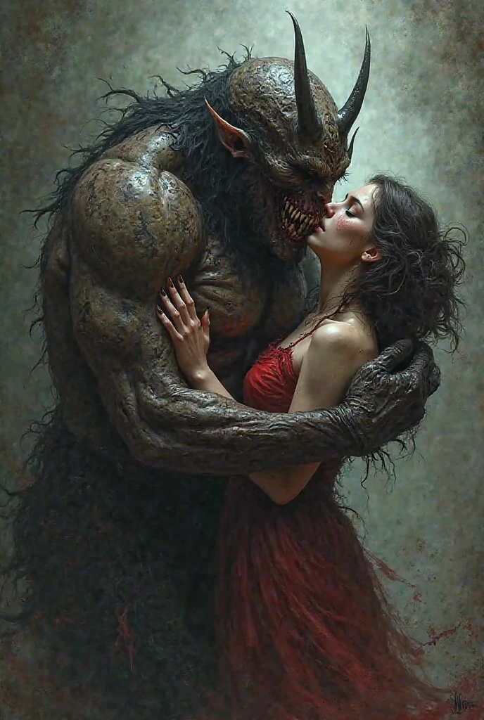 score_9, score_8_up, score_7_up, score_6_up, BREAK
(royo, oil painting \(medium\)), 1girl, kissing, monster