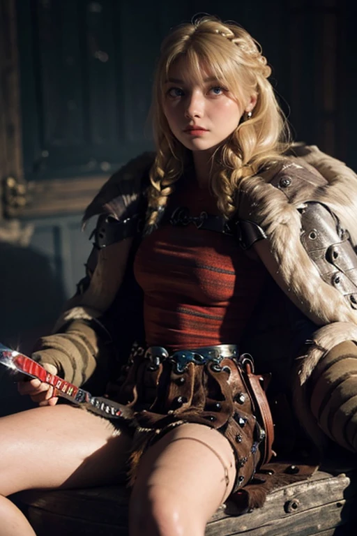 Masterpiece, Best quality,, (photorealistic1.4), (UHD), (epiCRealLife),  (flashphoto),, (photorealistic1.4), (Chloe Grace Moretz), (chl03gm), (Astrid Hofferson Costume), (astrid_Character), (Astrid Armor) (AstridWaifu), (cowboy shots), (outdoor), (at night)