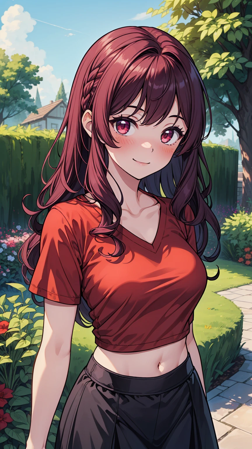 masterpiece, best quality, high detail, beautiful woman, wavy hair, dark brown hair, large bust, red t-shirt, loose t-shirt, long black pencil skirt, upper body, sneakers, looking at viewer, light smile, garden, stone wall, backyard, evening, night sky,