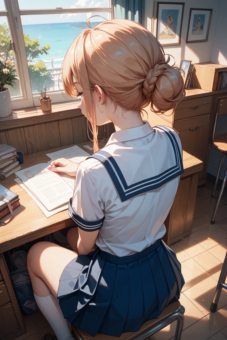 (чрезвычайно подробные обои CG Unity 8k,masterpiece, Best quality, ultra detailed),school classroom setting,Sunlight penetrates through the trees,beautiful blonde high school girl with ponytail and ahoge(D-чашка),smartphone in hand,mess around with it,Beautiful black-haired high school girl,thin and flat-chested, wear a sailor uniform,sit on a chair and talk to a blonde, sitting at the table,In the evening.