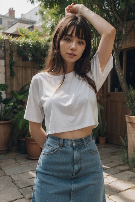 Image my model wearing slightly provocative revealing cut off shorts and a cropped midriff revealing thin tank top.