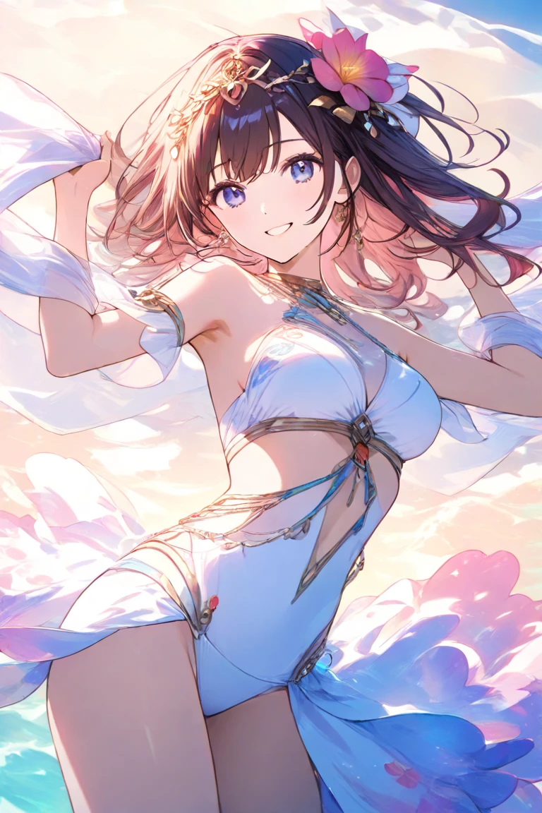 8K, high resolution, NSFW, from below, (gigantic breasts), smug face, huge pelves, inner flesh, agnes tachyon \(umamusume\), cross halter bikini, looking at viewer, 
, strong eyes, arms behind head, armpit, 