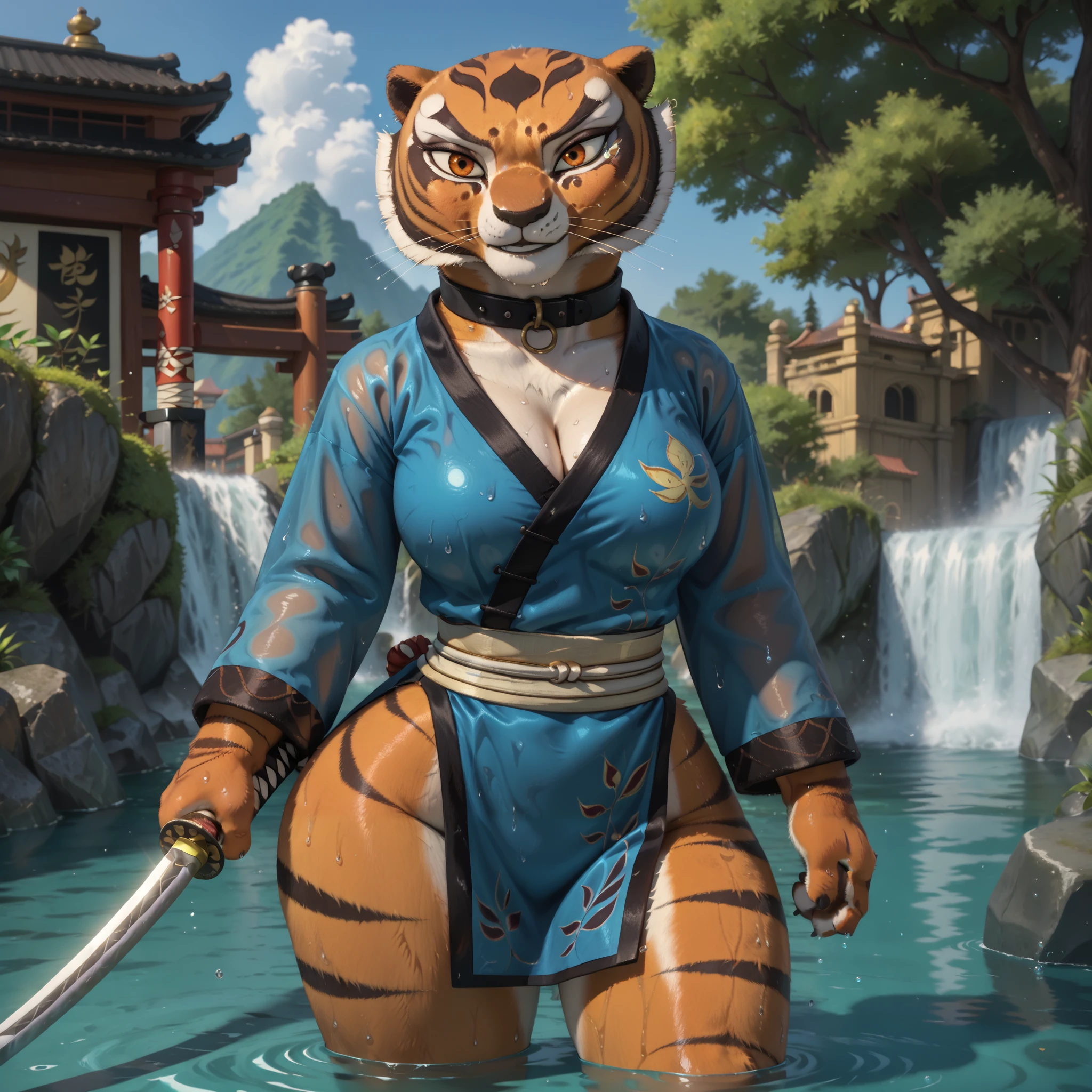 score_9, score_8_up, score_7_up, source_anime, source_furry, (beautiful, detailed background, digital artwork, digital art, well shaded artwork, depth, detailed artwork)1.2, 1girl, female, furry, anthro, Master tigress (Kung fu panda), Anthro tiger, detailed fluffy fur, bald, large expressive eyes, (detailed orange eyes, black pupils)1.2, goth girl, heavy eye makeup, black eyeliner, black mascara, black lipstick, (((massive bust))), bulging breasts, wide hips, (((thick thighs))), standing, arched back, (((bubble butt))), closeup++, facing viewer, temple setting, outside, blue sky, day time, big black collar, sweat, smirking, tiny waist, teal bodycon maxi dress, teal tube dress, short dress, cleavage cutout, standing in water, wet clothes, holding katana, unsheathing katana, teal katana handle, teal marble sheath