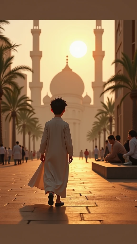 A Muslim boy who's name is Ashad write on his dress and he is going to Masjid for praying