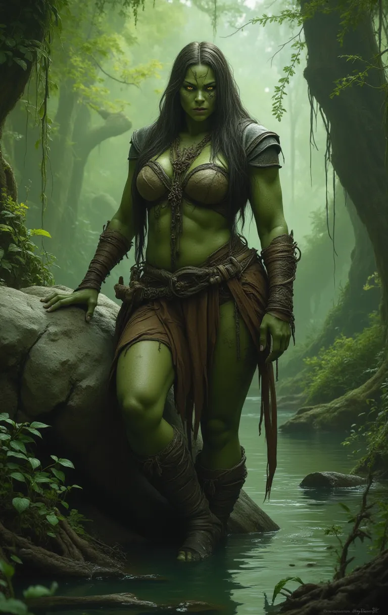 Young orc woman, female orc, chubby, fearsome, walking in the forest, overweight, dirty hair, ((green skin)), skin imperfections, skin dentation, detailed eyes, big saggy breasts, wide hips, round belly, sharp Focus, ultra high quality, crazy details, intricate pose, (wearing leather and linen clothes), tribal tattoos, dirty clothes and skin, deep cleavage, 8k uhd wallpaper, masterpiece, photography, hyperrealistic, interesting shooting angle, orczor, shewoworc, naz_grandmight, view from side
