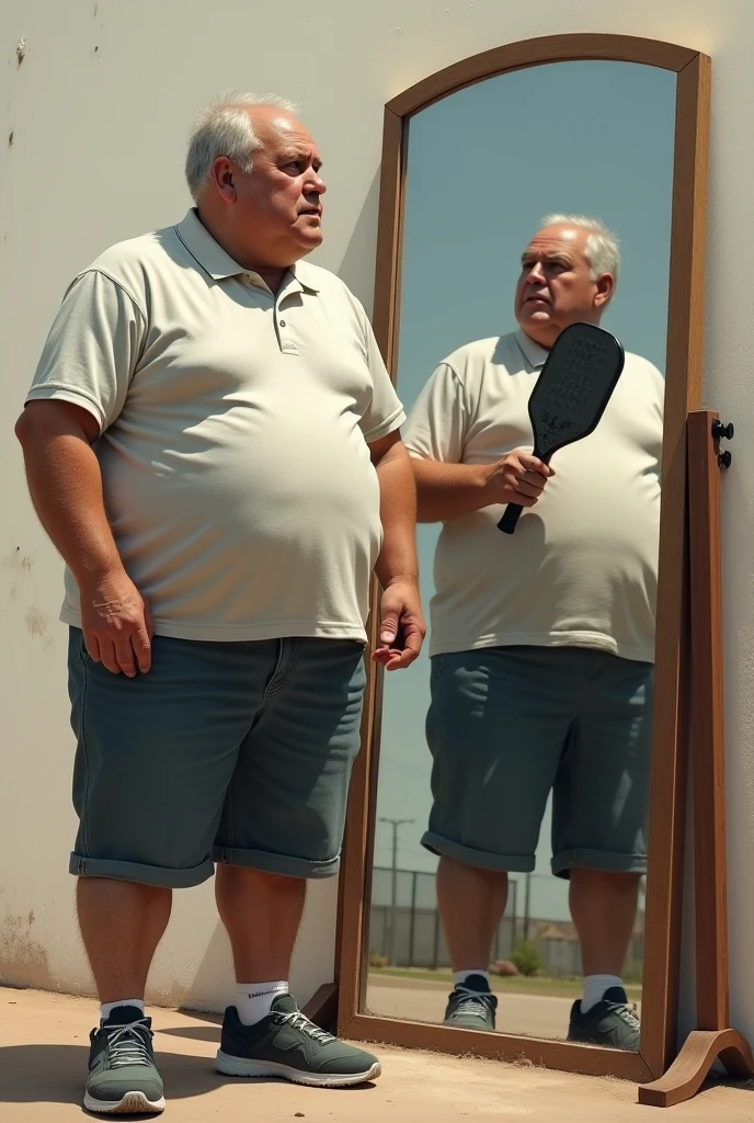 A rear view of chubby grandpa peeing on the urinal. (urine visible:1.2)
