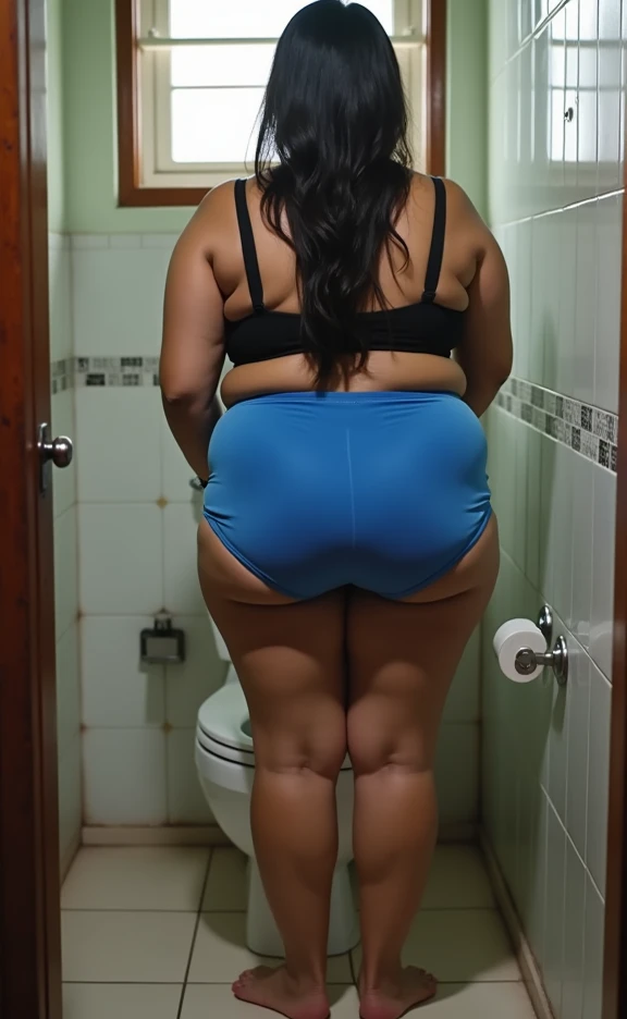 there is a woman in a blue bikini and blue panties standing in a living room, shapely derriere, blue undergarments, view from the back, seen from the back, backview, shapely toned derriere, rear-shot, shot from the back, picture from behind, back - shot, sport bra and dark blue shorts, from the back