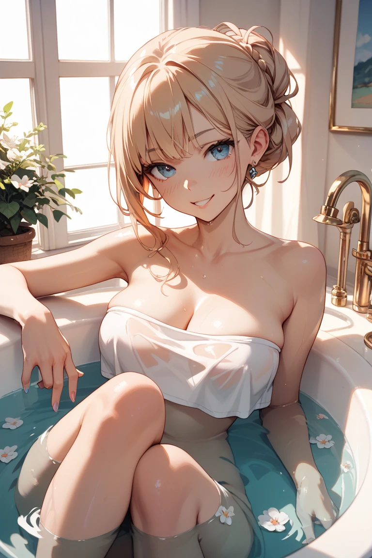 absurderes, ultra-detailliert,bright colour, extremely beautiful detailed anime face and eyes,Indoors, (Building and starry sky seen from the window:1.2),(Shy laughter:1.4), bow ribbon,浴室、(Wash your body in the shower:1.3),(Plenty of shower water:1.5),(a large amount of water droplets:1.4),(Hide your breasts with your hands 1.4),(Whole body gets wet:1.4)blur,(Deep Blue Eyes:1.3),feet outside the frame, depth of fields, 25 years old,Short hair, , asymmetrical bangs, Blonde hair with short twin tails, Shiny hair, Delicate beautiful face, red blush、White skin, hair clips, earrings, nighttime scene