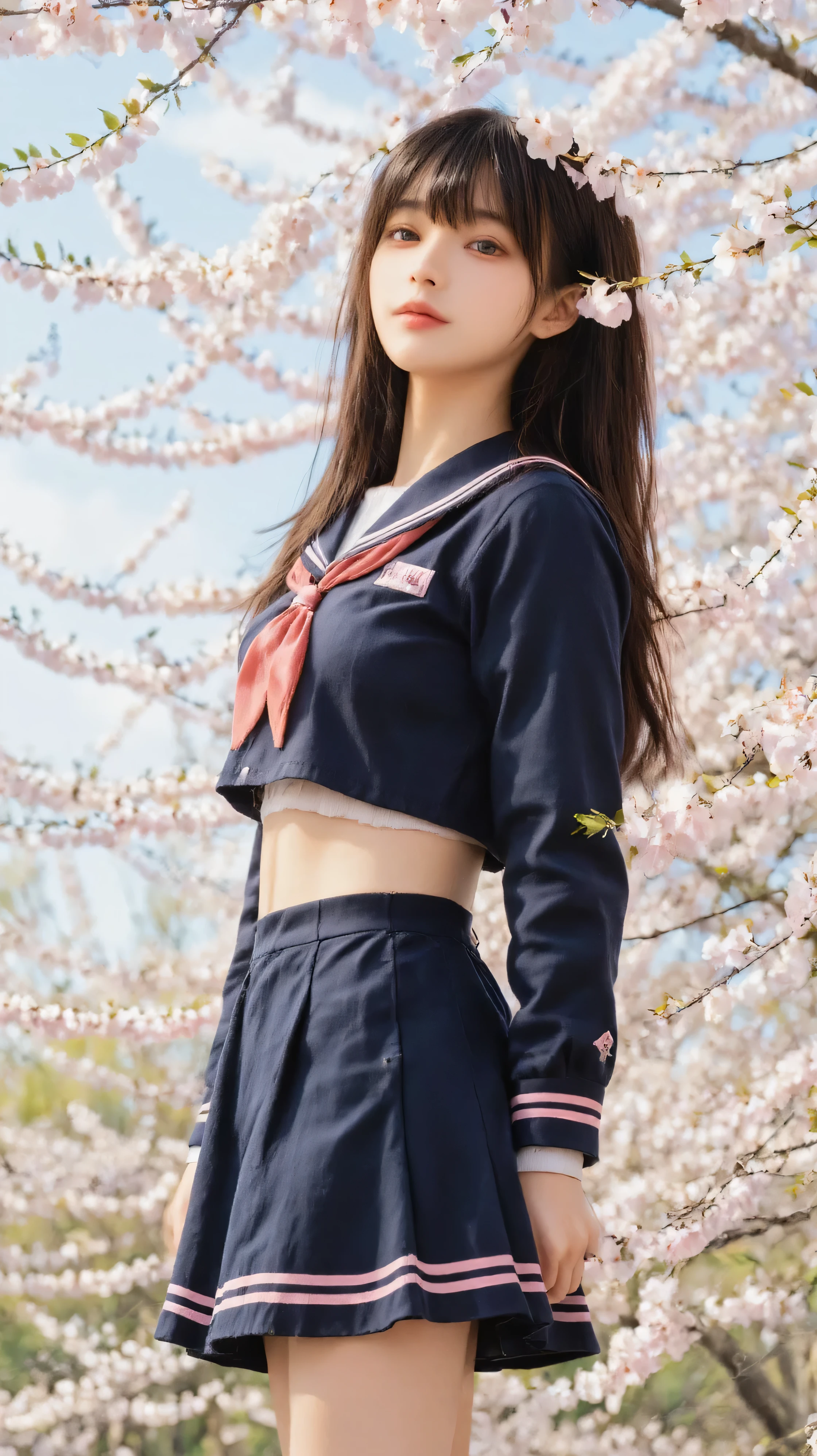 (full_body_shot:1.5), (8k, RAW photography:1.5), (masterpiece:1.3), (realistic:1.4), (photorealistic:1.3), professional lighting, (highly detailed:1.4), (deliberate expression:1.4), (Girls wearing a navy blue long-sleeved sailor suits with pink lines:1.5), (Regular length sailor suit:1.5), (sailor suit with deep Pink :1.8), (Navy blue short skirt with pink lines:2), (White socks:2), (black Leather shoes:2), (well-proportioned body:1.5), (long legs:1.7), (small head:1.6), (large breasts:1.4), (Shiny long black hair:1.5), (straight bangs:1.4), (Pink lips:1.4), (long eyelashes:1.2), (girl standing under a cherry blossom tree in full bloom:1.6), (Profile shot taken from a distance:2), (Full body view from the side:2), (sideways angle:1.6), (Girl gazing into the distance:2), (Girl looking at the distant sky:2), (Side view of a girl:2), (perfect side angle:2), (camera at 90 degrees from front:1.7), (hair flowing in wind:1.3), (Looking into the distance:2), (sideways pose:1.7), (profile view:1.8), (girl in side view:1.6), (complete side profile:1.6), (against large cherry tree:1.4), (cherry blossoms in background:1.3), (Clothes that reveal the chest:1.6), (not wearing a shirt under her sailor suits:2), (Wear color is only navy blue:1.7), (Sailor suit with no buttons:1.4), (Great proportions:1.4), (Tall style girl:1.4), (naked underneath her sailor suits:1.4), (Girl is only wearing a sailor suits:1.4), (her neck is exposed:1.4), (Girl is not wearing any shawl, stole or muffler:1.4),