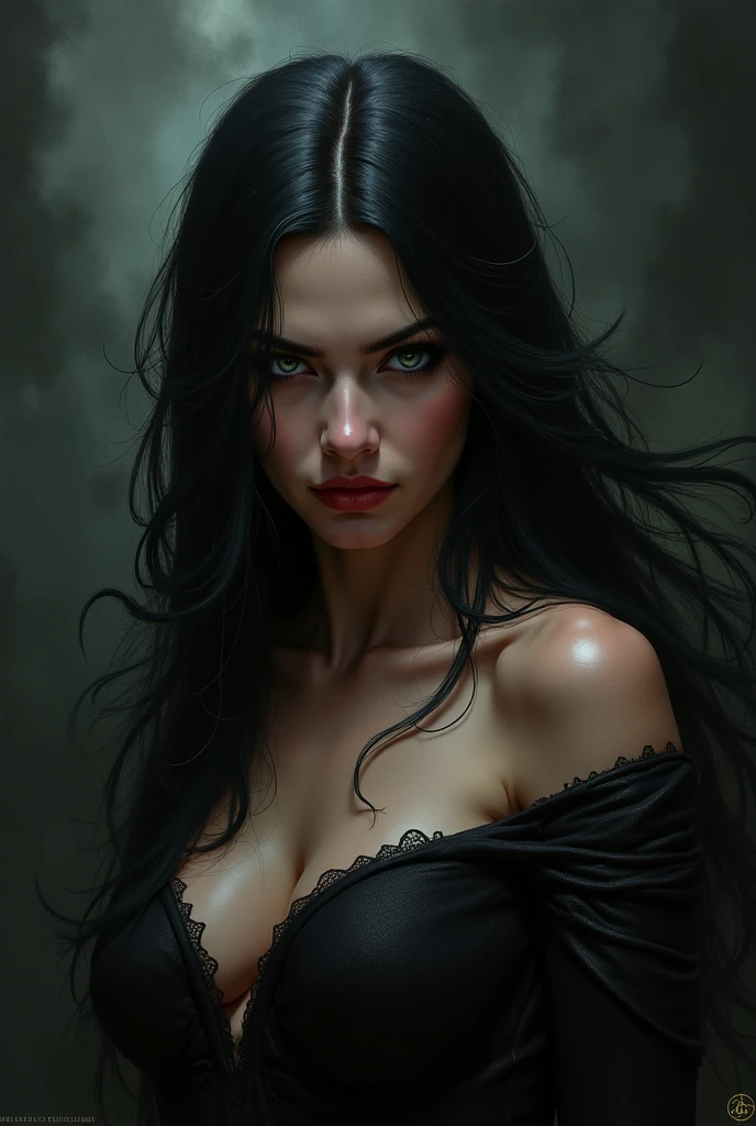 (best quality,highres:1.2),horror,beautiful detailed eyes,beautiful detailed lips,gothic style portrait,ultra-detailed hair,realistic skin texture,milf girl, cleavage,gloomy atmosphere,dark lighting,,hauntingly beautiful,subtle shadows,emotive expression,moody background,gloomy ambiance.((18s style)), massive perfect breast, naked breast, closeup portrait,
