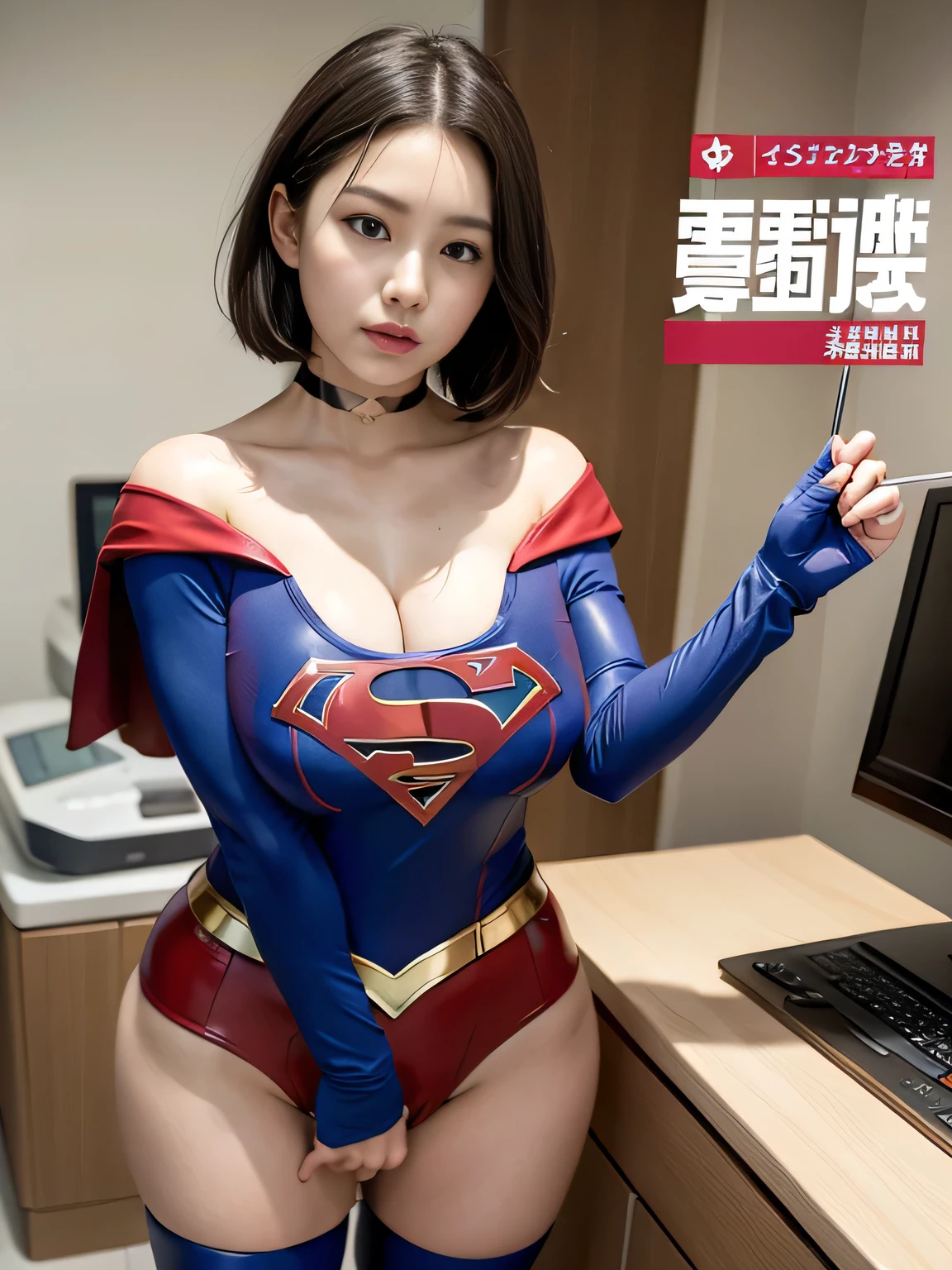 masterpiece、Rubber Supergirl Costume、short hair、barefoot、Big and ample breasts、looking at the camera、choker、Long sleeve、Cape、mini skirt、Off the shoulder、Sweaty skin、In front of laboratory equipment at the hospital、Photo magazine cover、Glamorous cleavage、Boasting beautiful legs、High leg leotard、Glamorous bare legs、Nymphomaniac young wife in her 30s、Close-up shot from the front、