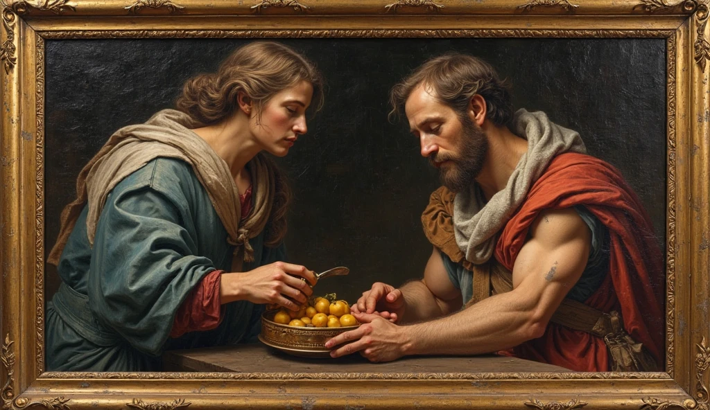 Baroque art mythology painting In front of a dark neutral background, two satyrs appear in a close frame, the one behind in profile, drinks from a bowl naturally while the one in front, head on, holds a bunch of grapes and smiles broadly at the viewer with his head slightly tilted, the lowered gaze full of malice and mischief. The blush on the cheeks and nose indicates a state of intoxication.. The work stands out for its virtuosity in anatomy and expression.[1]Some experts consider that he took Pan&#39;s face from a beautiful antique vase that he had as a model.