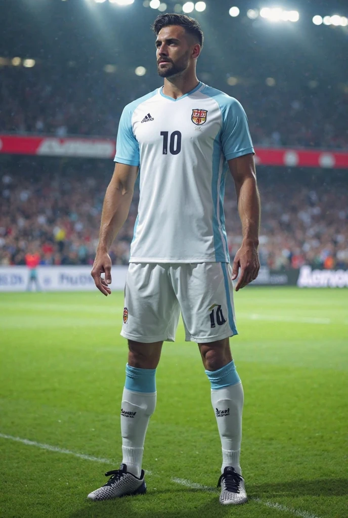 {{{FC Barcelona}}}, light, {{adidas white soccer jersey}}, {{{best quality}}}, {{{realistic}}}, {{{Detailed facial description}}}, realistic 눈동자, {{handsome western man}}, realistic 유니폼 주름, football을 들고 있는, {{{Real Madrid}}}, {{{soccer stadium}}}, football