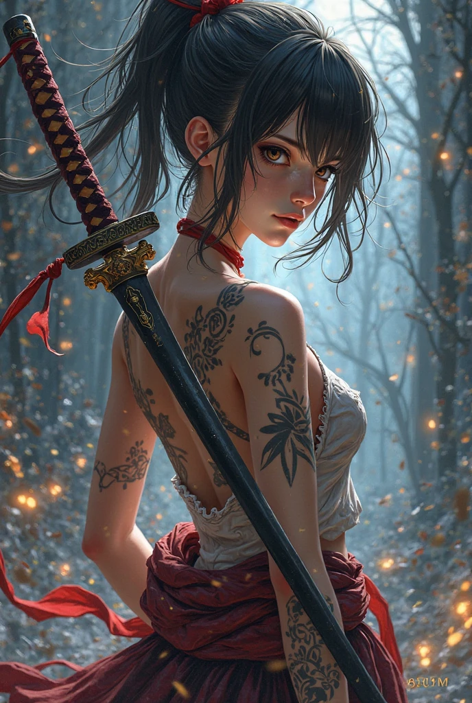 wlstyle, girl,samurai,(traditional_media,illustration:1.2),flowers in hair,kimono,wielding katana,normal_breasts,(oni, horns, detailed_eyes), dynamic pose ,(masterpiece,detailed,highres,cinematic,atmospheric:1.2), (hotify:0.6), <lora:WLOPStyle_NAI_c_Extended:1>
