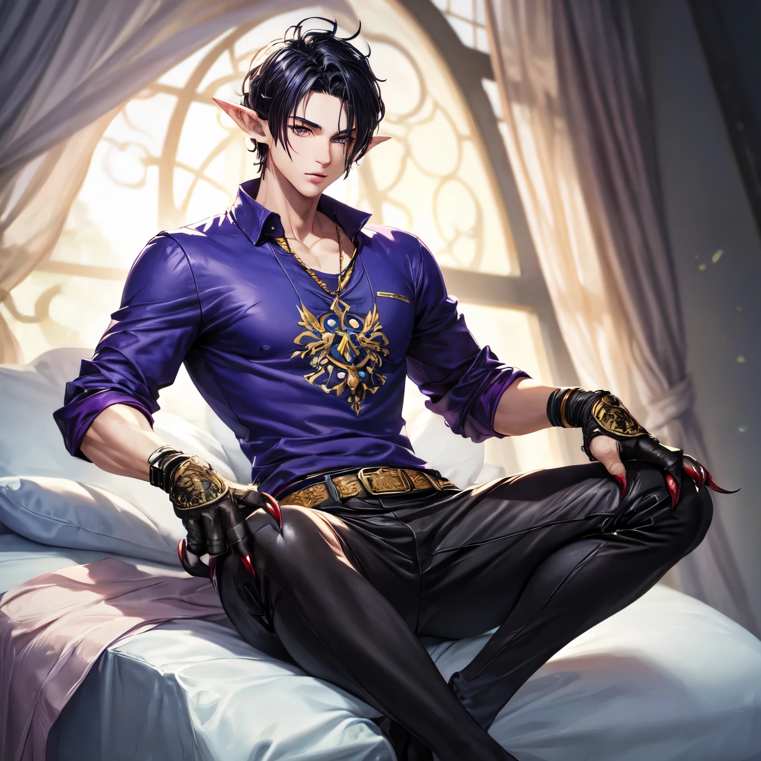 Handsome male, purple hair, short hair, detailed body, detailed hands, horns, expressionless, arrogant expression, red eyes, roman nose, almond eyes, red tuxedo, black shirt, black tie, cocky, nightfall, handsome, bushy brows, pointy ears, ear piercings, rings, good looking, tattoos, dark skin, brown skin, charming, good quality, huge bulge in pants, manly, sitting on throne