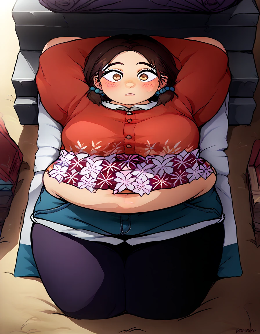 fat, ai hoshino, big belly, obese, pregnant, sitting down, Christmas, wearing a sweater, fat, purple hair