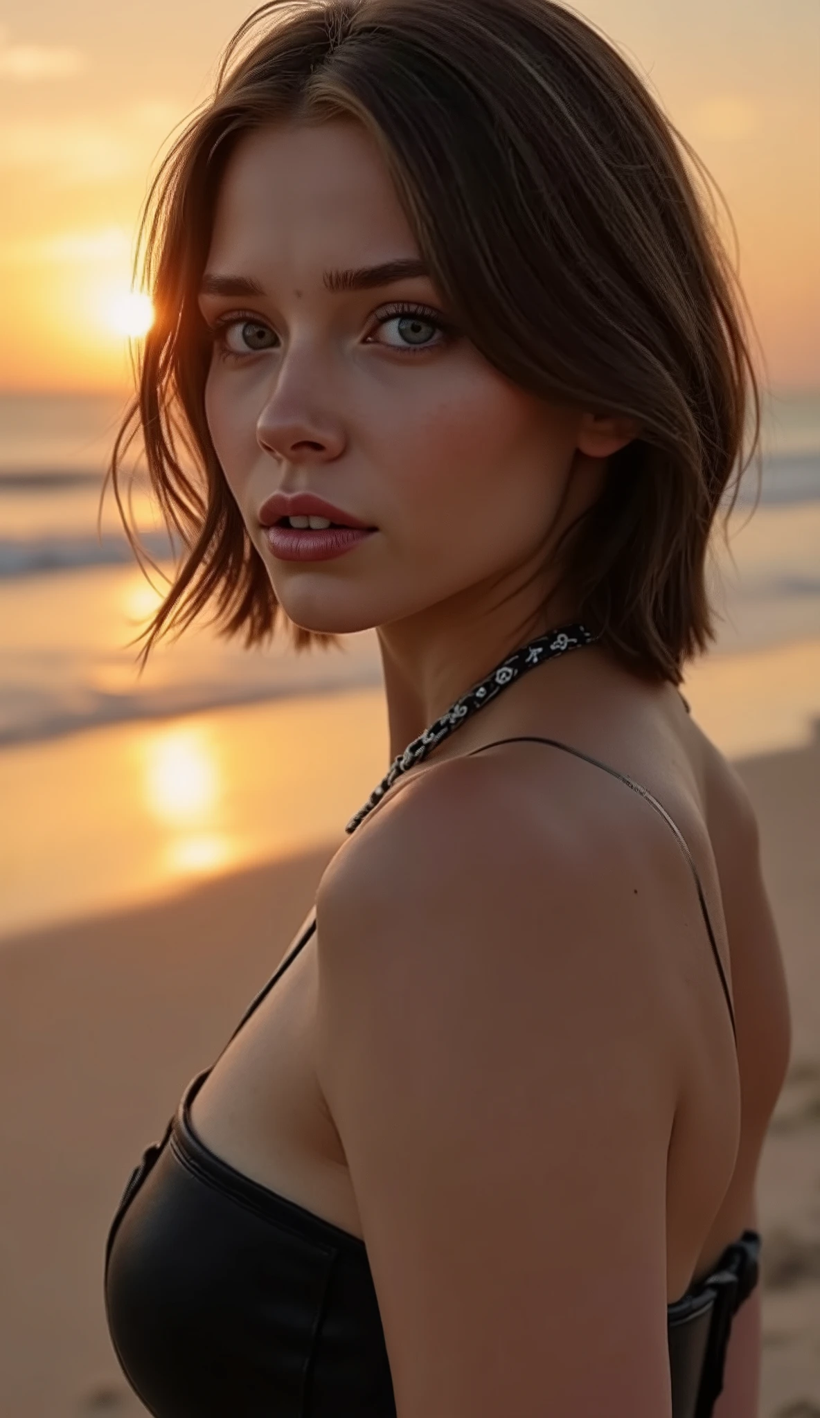 🌟 quality & silent: whole head down to below the chest, three sided view, masterpiece, 8k, ultra high resolution, hyperrealistic, very detailed, natural lighting, SLR lighting, SLR camera , Fujifilm XT3, film grain, Sharp concentration, perfect lighting. 🌌 Scene & background: different backgrounds: A romantic sunset on the beach, with warm, golden hues . A dark, mysterious forest with moonlight, that falls through the trees. A luxurious Bedroom with candlelight and silky curtains. Ein urbaner background mit Neonlichtern und regennassen Straßen. 😈 model & Styling: wild girl, black short hair, different hairstyles such as ahoge, quin tails, tri tails, pixie cut, expressive hair, single sidelock, hair pulled back, french braid, blunt bangs, streaked hair, flattop , which in various Poses fall loose or styled are, and bright blue eyes , glowing blue eyes, She is wearing a lightweight , leather corset with deep neckline. 🔥 Pose & Mood: Different sensual facial expressions: she looks directly at the camera , with a seductive smile and half-closed eyes. She opens her lips slightly, with a playful and tempting look. She tilts her head slightly to the side, with a dreamy and sensual expression. She looks over her shoulder, with a mysterious and intense look. Die Mood ist sinnlich, seductive and full of emotions. 💋