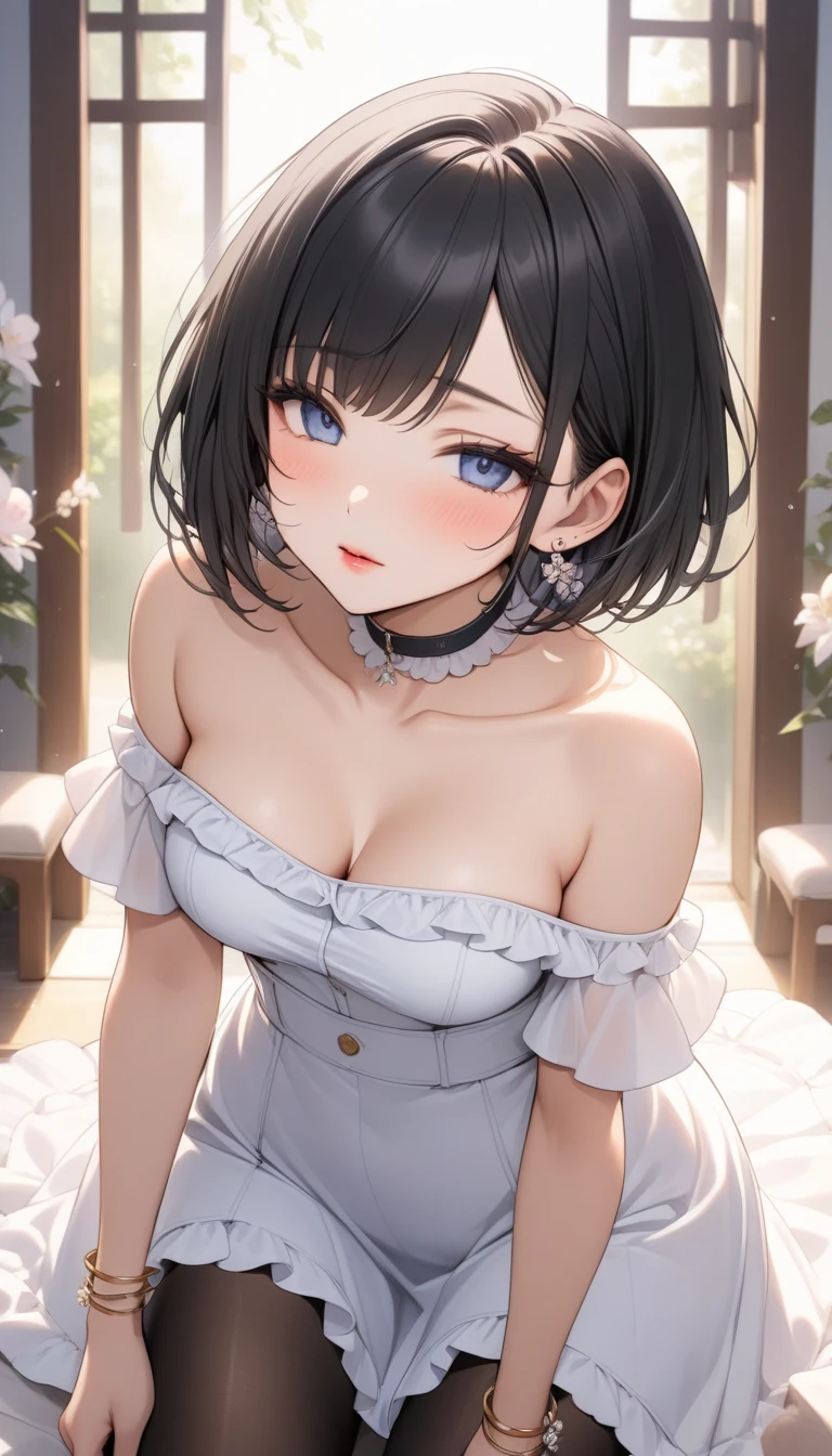 masterpiece, best quality, one girl, beautiful girl, beautiful gleen forest, forest, woman wearing slave collar, chaste woman, short hair, really fluffy hair, black hair with grey highlights, green eyes, look up at the front, look of confusion, white dress, breathtakingly beautiful, gms,