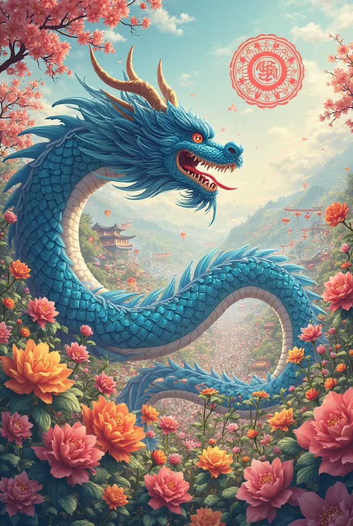 a close up of a dragon statue with a flower in its mouth, an ultrafine detailed painting by Li Kan, flickr, cloisonnism, nagas, naga-tirr, naga, highly intricate and colorful, chinese dragon, colorful intricate masterpiece, cyan chinese dragon fantasy, intricate colorful masterpiece, chinese mythology, naga-hakash