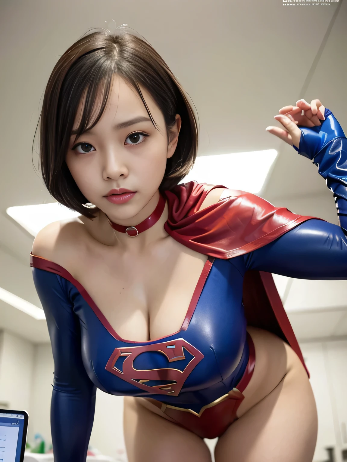 masterpiece、Enamel Supergirl Costume、Short Hair、Hospital operating table、Crisis situation、Big and ample breasts、looking at the camera、Shiny、Off the shoulder、choker、Long sleeve、exy poses to seduce、Sweaty skin、Model Body Type、Alluring、charm、Enchanting、Abused、test subject、victim、Wild、Photorealistic、latex、Expose your belly、athlete、Racing Bloomers、Profile photo、