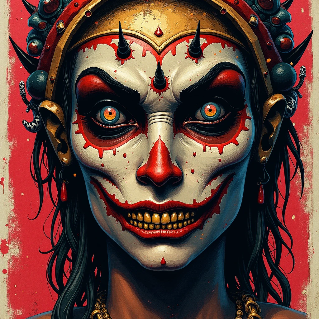 ((Girl with a Balinese monster on her head)), Creepy, (Horror elements), Creepy , (primitive art), old picture scroll style,Ancient mural style