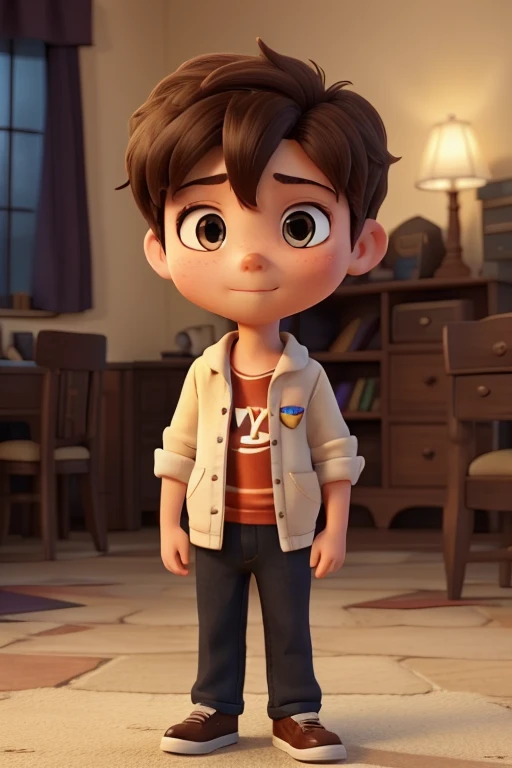Image of a boy for a story in a YouTube video in Pixar format, He's the little allabester, He's the class leader, He's outgoing, Playful and gets up for a lot of things coloque barcos de brincadeira