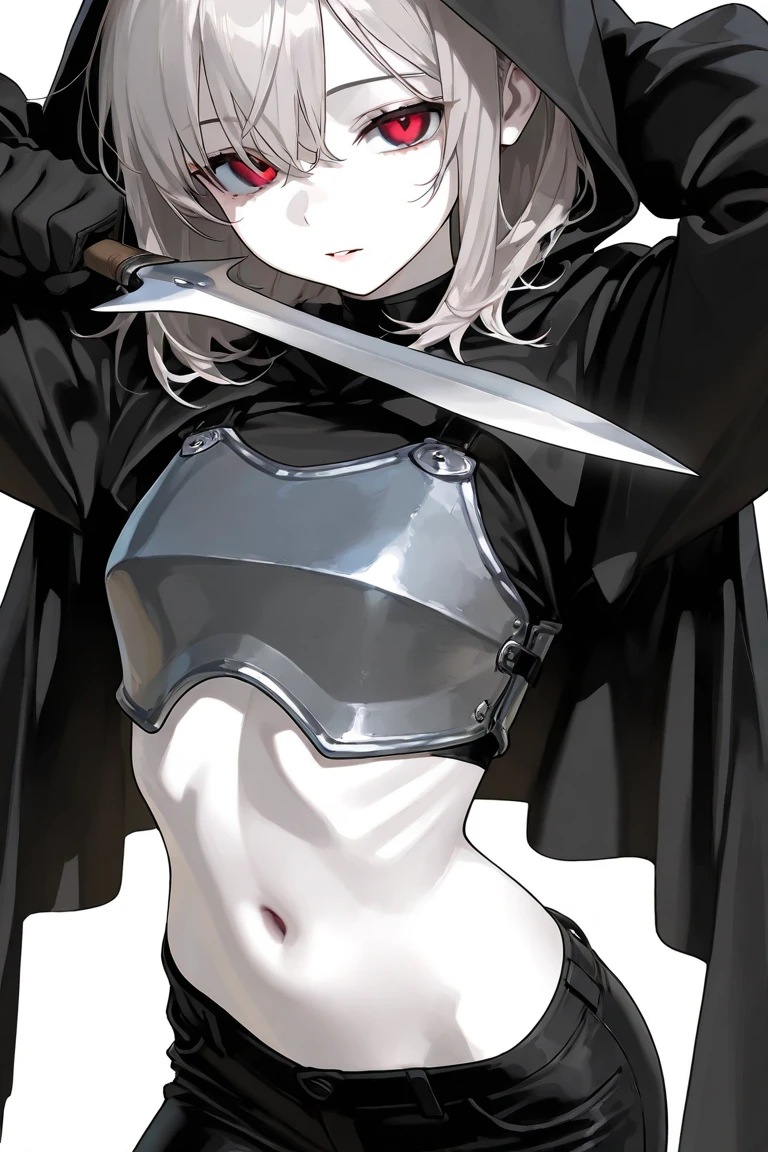 Hews style, 1girl, long_hair, yorha_type_a_no._2, weapon, solo, sword, elbow_gloves, gloves, sitting, navel, android, black_gloves, breasts, shorts, robot_joints, stairs, parted_lips, joints, holding_weapon, tank_top, holding, bare_shoulders, blue_eyes, holding_sword, short_shorts, medium_breasts, black_shorts, white_hair, looking_at_viewer