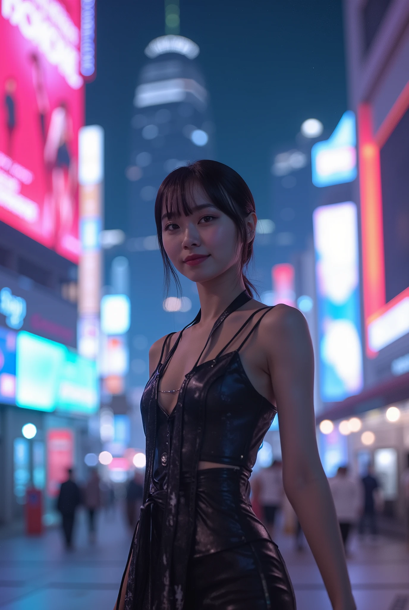 editorial photography,super detailed background,Super realistic,double exposure,depth of field,beauty super slender skinny vides,soft_focus tone,narrative scene,full-body_shot,oriental superstarcyberpunk,Nighttime entertainment district illuminated with neon lights, happy, smiling expression on face