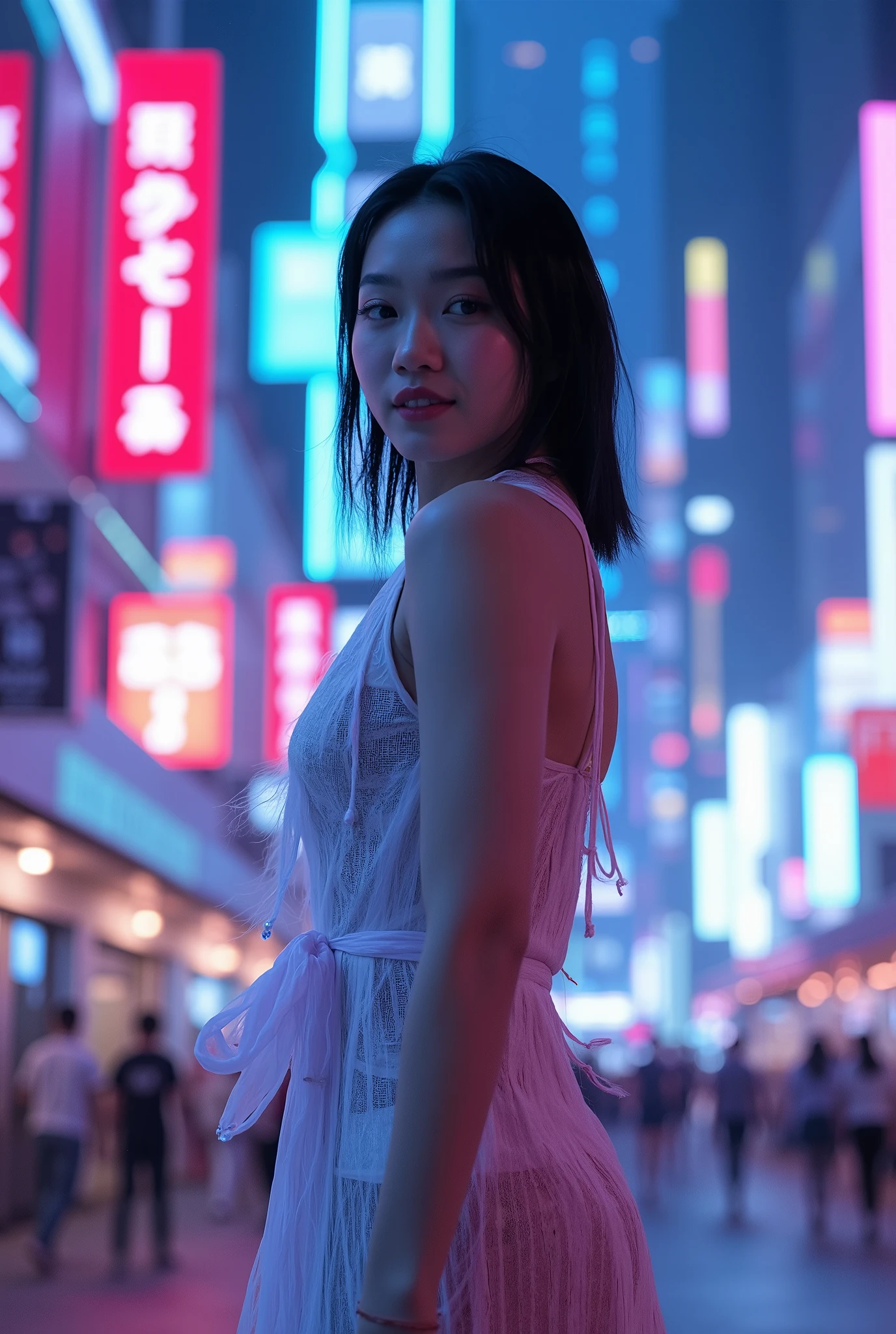 editorial photography,super detailed background,Super realistic,double exposure,depth of field,beauty super slender skinny vides,soft_focus tone,narrative scene,full-body_shot,oriental superstarcyberpunk,Nighttime entertainment district illuminated with neon lights, happy, smiling expression on face